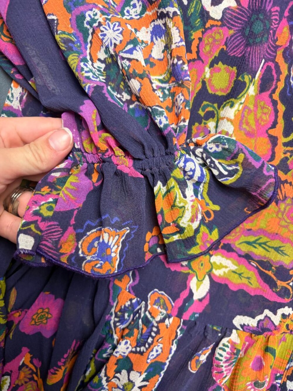 Free People Size Xs Ibiza Nights Mini Dress Ruffled Floral Print Button Purple - Picture 4 of 10